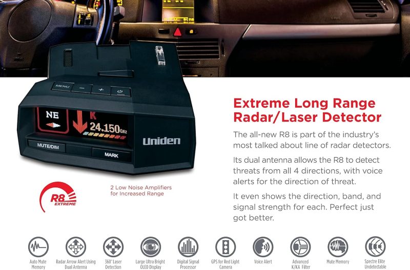 Uniden R8 Extreme Long Range Radar/Laser Detector with dual antennas and OLED display installed in a car