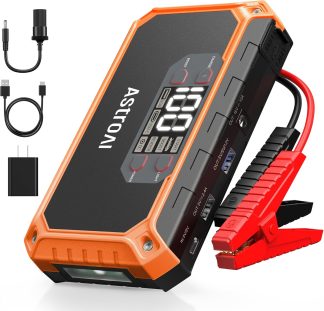 AstroAI jump starter device with cables, USB cable, and power adapters