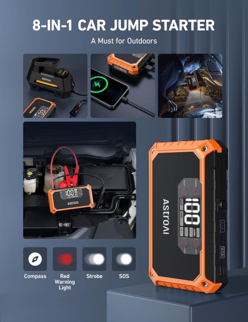 AstroAI 8-in-1 jump starter showing car jump start, phone charging, flashlight, and emergency features