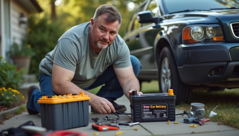 A man in his 30s working on a solar car battery charger.