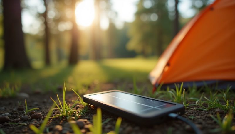 A Sunway Solar charger is shown being used during a camping trip.