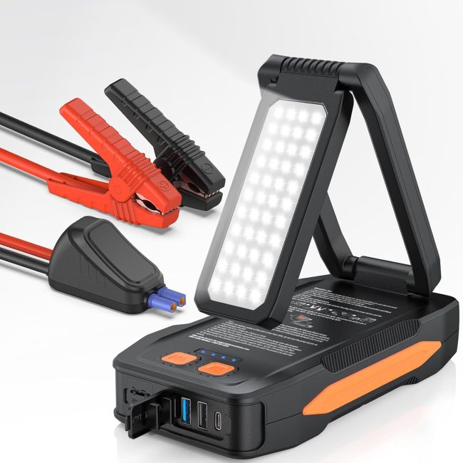 Portable jump starter device with cables, clamps, LED light, and charging ports