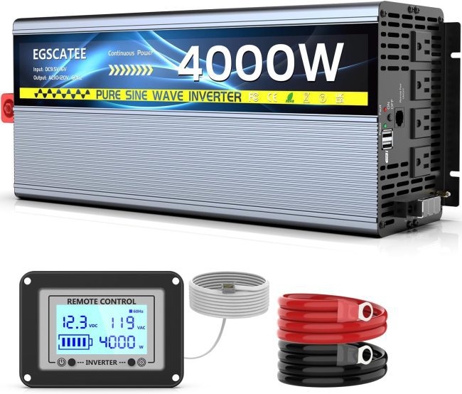 EGSATEE 4000W pure sine wave inverter featuring a digital remote control display, white and color-coded cables for DC to AC power conversion