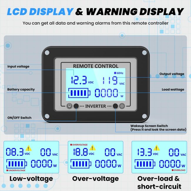 LCD display and warning system for remote control showing voltage, wattage, and various warnings