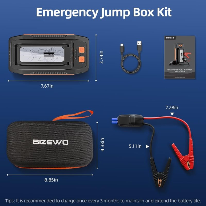 Emergency Jump Box Kit featuring a jump starter device, USB cable, battery clamps, user manual, and carrying case.