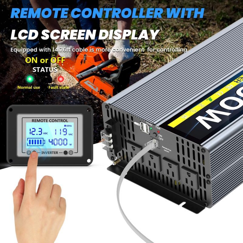 Power inverter with remote controller displaying voltage, frequency, and power output, suitable for heavy-duty equipment.