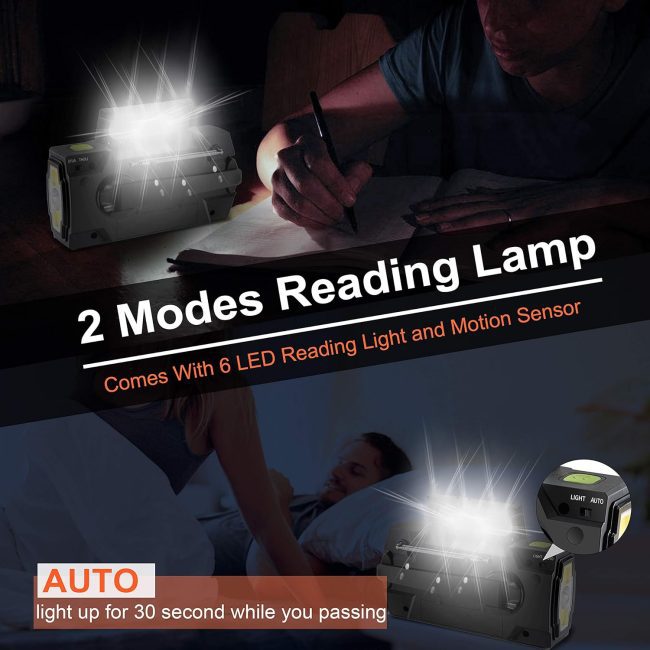 2 Modes Reading Lamp featuring 6 LED lights and a motion sensor, ideal for writing in the dark and bedroom use