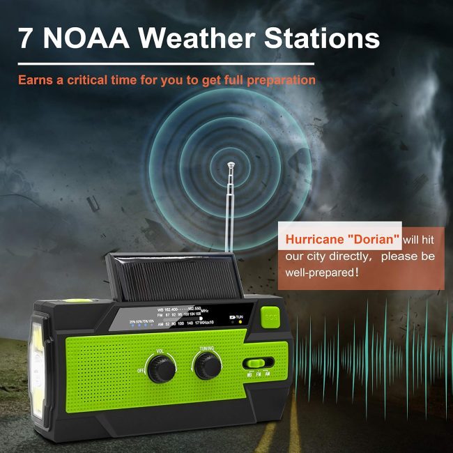 A durable weather radio featuring two knobs, an SOS button, and a solar panel set against a stormy backdrop, advertising NOAA weather station connectivity for emergency readiness during Hurricane Dorian.