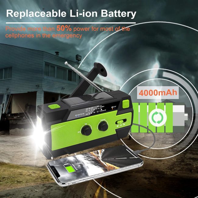 Portable emergency radio with 4000mAh Li-ion battery, hand crank, flashlight, charging phone in storm scenario