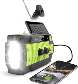 Portable emergency radio with hand crank, solar panel, flashlight, and mobile charging capability