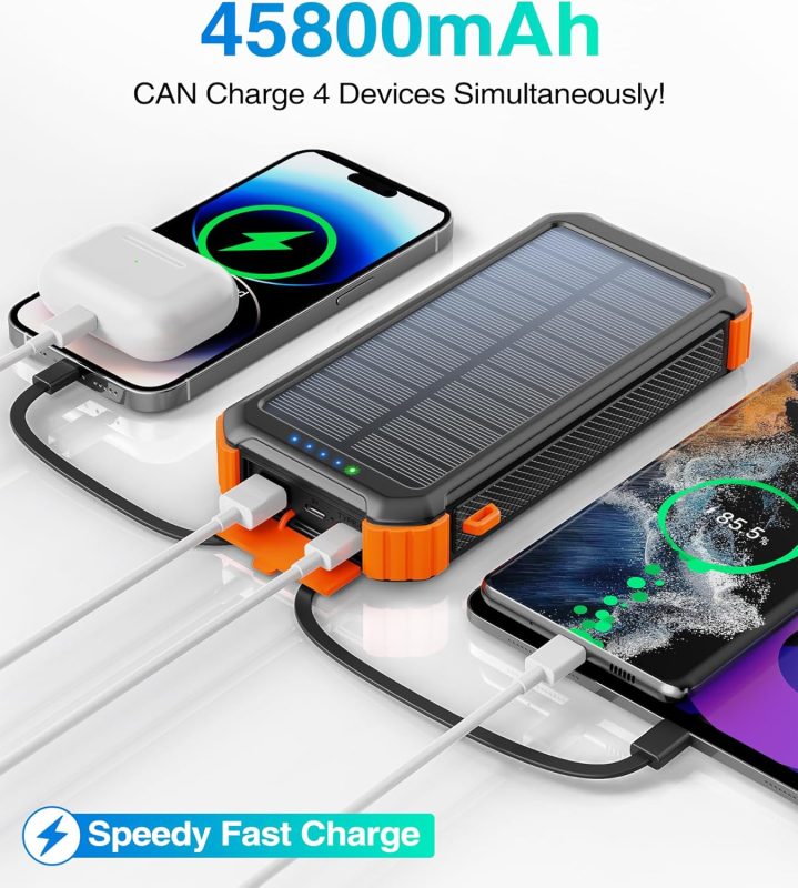 Solar-powered portable charger with 45,800mAh capacity charging smartphones and earbuds