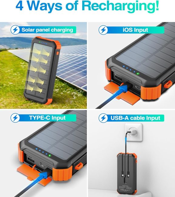 Image of a solar power bank showing solar panel, iOS, Type-C, and USB-A charging methods.