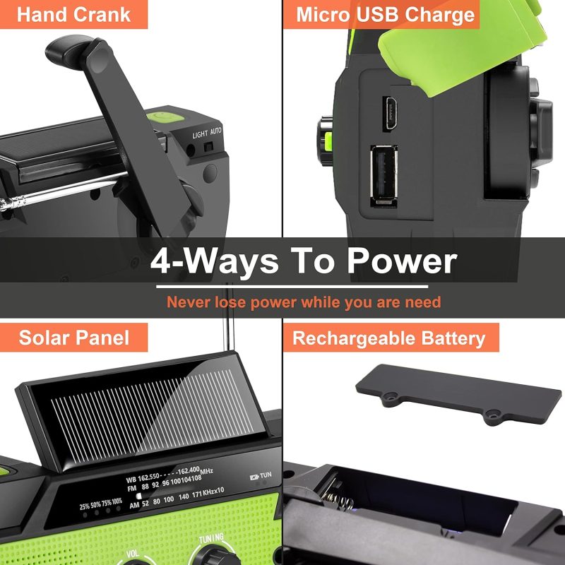 Device featuring four power options: hand crank, micro USB, solar panel, rechargeable battery