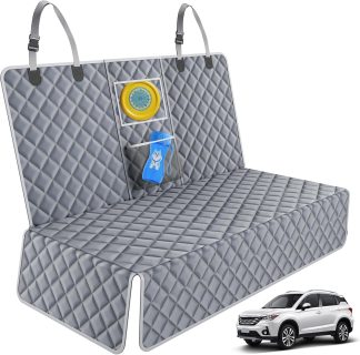 Gray quilted car seat cover on a back seat, featuring two storage pockets with a yellow frisbee and a dog design blue bag, straps securing it to headrests.