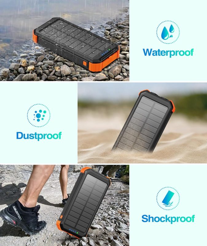 Durable solar power bank showing its waterproof, dustproof, and shockproof features in various environments like underwater, sand, and rocky terrain