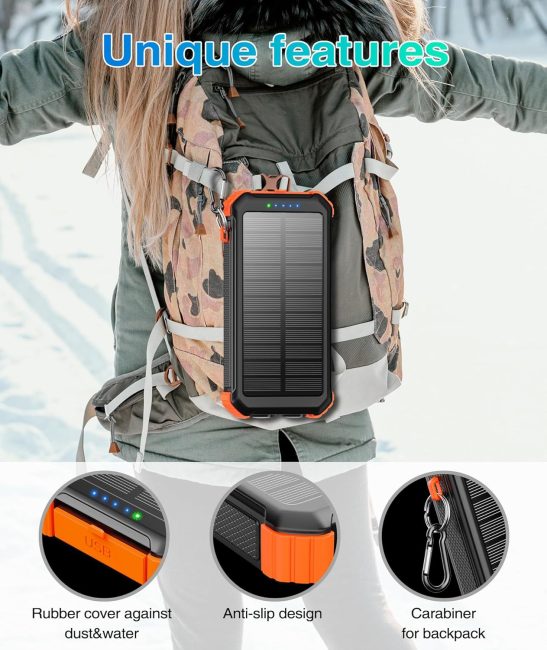 Person with backpack featuring a solar-powered device, showcasing a rubber cover, anti-slip design, and carabiner attachment