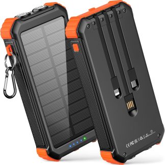 Portable solar power bank with built-in cables and orange accents for charging devices on the go.