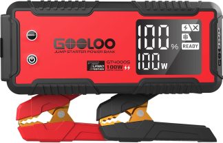 GOOLOO GT4000S Jump Starter Power Bank featuring 100W super charge capability, digital display, and attached jumper cables