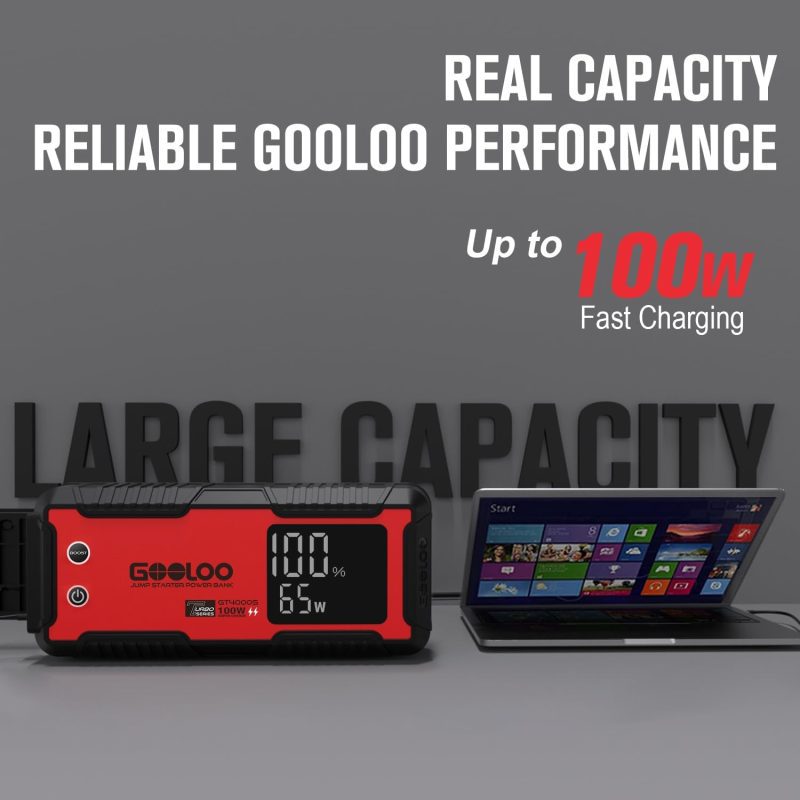 GOOLOO jump starter and power bank in red and black with a digital display, showcasing laptop connectivity and fast charging capability