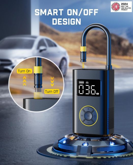 Smart air compressor device with digital display showing 036, featuring an on/off design and control buttons, highlighted as a 2024 SEMA recognized product
