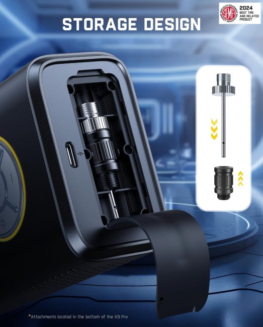 Close-up view of X9 Pro storage compartment showcasing accessory storage and SEMA 2024 award label