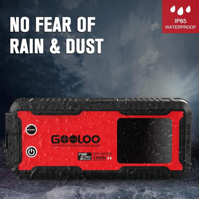 Rugged GOOLOO jump starter power bank with IP65 waterproof rating, resistant to rain and dust, designed for outdoor use