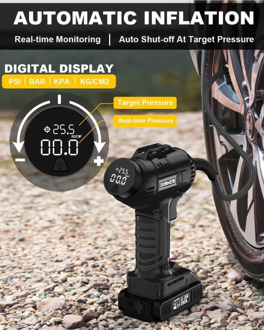 Cordless air compressor connected to a vehicle tire, featuring a 20V lithium battery pack, real-time pressure monitoring, and auto shut-off