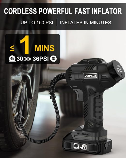 Cordless tire inflator with 20V lithium-ion battery and 150 PSI max pressure for quick tire inflation