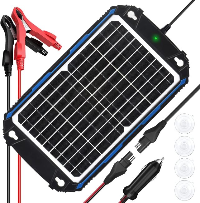 Solar battery charger featuring a solar panel, alligator clips, 12V car charger plug, and suction cups for mounting