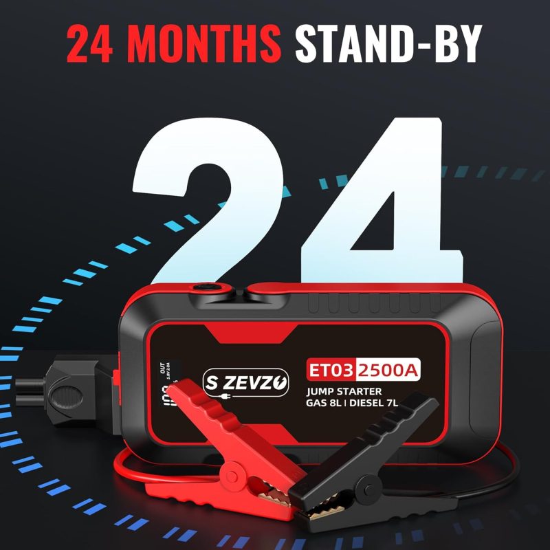 S ZEVZO ET03 portable car jump starter with 2500A peak current, suitable for gas engines up to 8L and diesel engines up to 7L. Includes red and black jumper cable clamps.