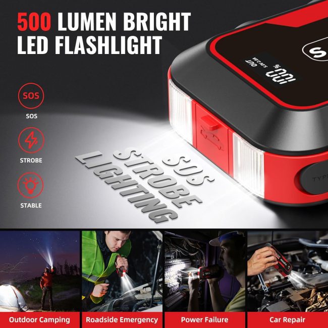 500-lumen LED flashlight featuring SOS, strobe, and stable modes for camping, roadside emergencies, power outages, and repairs