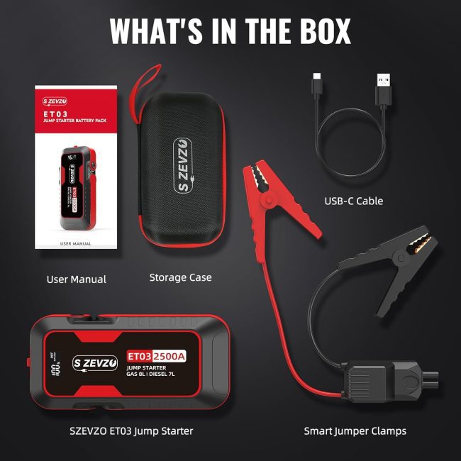 Contents of SZEZVO ET03 Jump Starter Battery Pack box, including device, smart jumper clamps, USB-C cable, user manual, and storage case