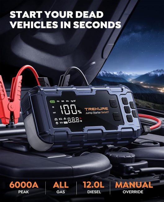 TREKURE Jump Starter Beta07 with 6000A peak current, compatible with all gas engines and up to 12.0L diesel, featuring manual override and battery percentage display