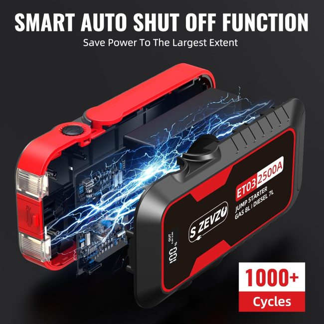 S ZEVZO ET03 2500A car jump starter for gas engines up to 8L and diesel engines up to 7L with power-saving smart auto shut-off function