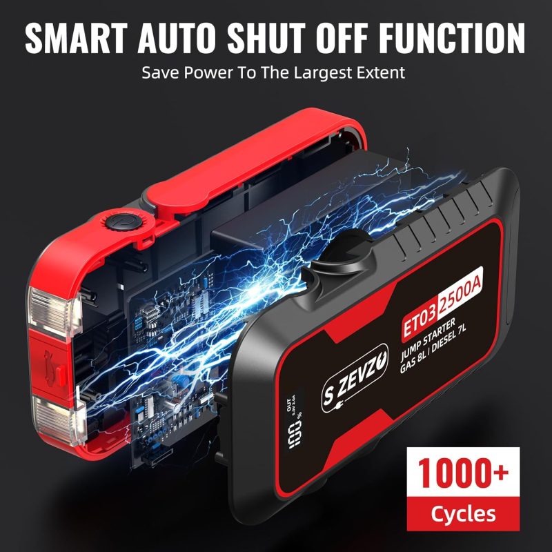 S ZEVZO ET03 2500A car jump starter for gas engines up to 8L and diesel engines up to 7L with power-saving smart auto shut-off function