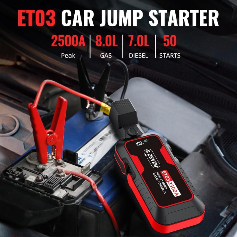 ETO3 Car Jump Starter with 2500A peak current, suitable for 8.0L gas and 7.0L diesel engines, featuring a digital screen and portable design