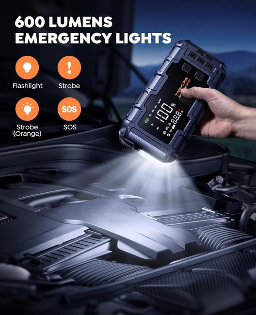 Portable device with 600 lumens emergency light illuminating a car engine at night; features flashlight, strobe, and SOS modes for roadside emergencies.