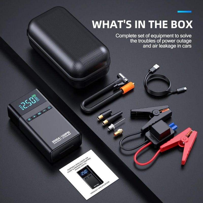 Car Emergency Kit with Portable Air Pump and Jumper Cables Complete car emergency kit featuring a 150 PSI portable air pump, jumper cables, adapters, charging cable, and carrying case.