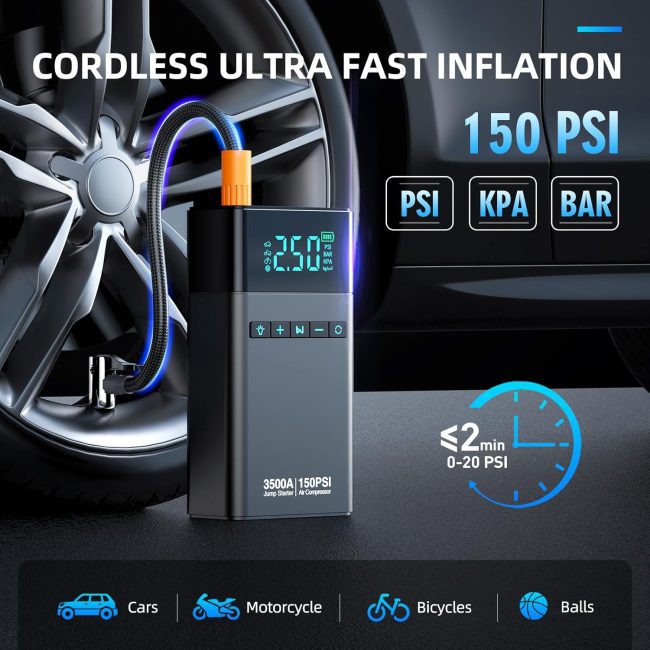 Portable cordless tire inflator with digital display for cars, motorcycles, bicycles, and balls, capable of inflating up to 150 PSI