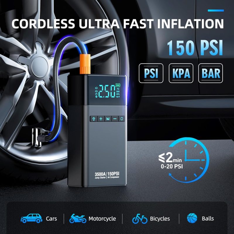 Cordless Digital Air Compressor for Ultra-Fast Inflation – Up to 150 PSI Portable cordless tire inflator with digital display for cars, motorcycles, bicycles, and balls, capable of inflating up to 150 PSI