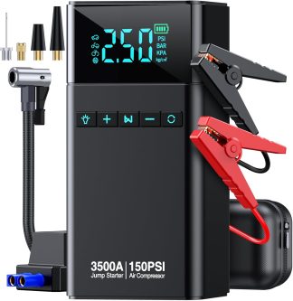 Portable emergency device combining a 3500A jump starter and 150PSI air compressor with digital display, jumper cables, air hose, and adapters
