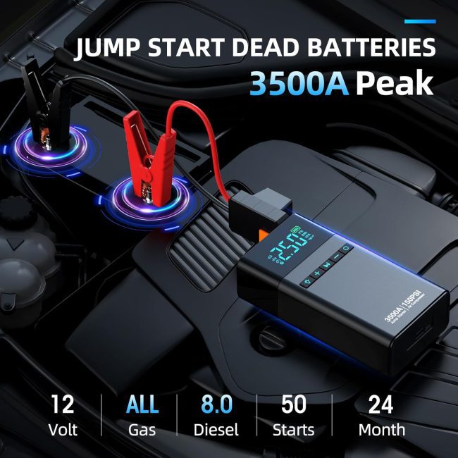Portable jump starter with 3500A peak power for 12-volt car batteries, supporting up to 8.0L diesel engines, shown with red and black clamps connected to a car battery