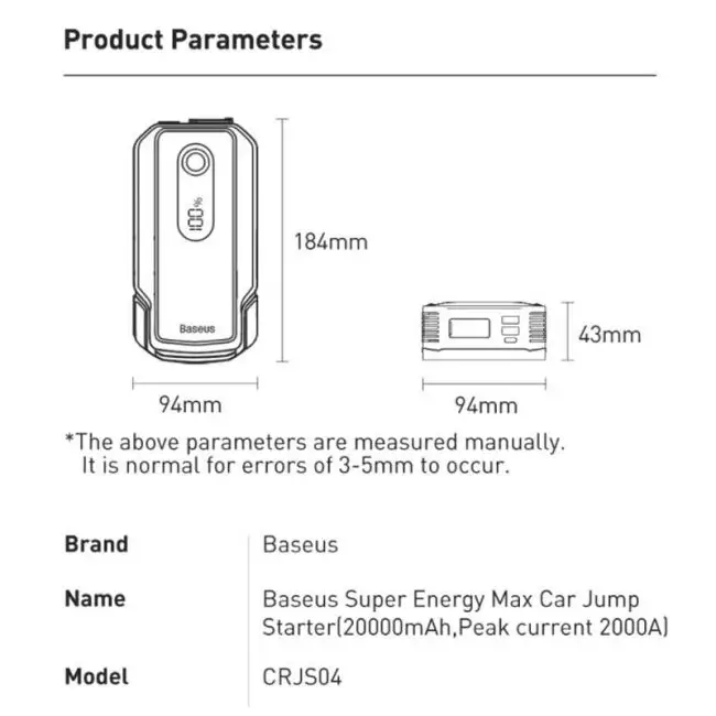Baseus Пусковое Устройство 2000A Автомобильный стартер Power Bank 20000mAh 12В - Image 8