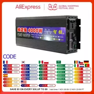 Pure Sine Wave Inverter 2000W 3000W 4000W Power DC 12V 24V To AC 220V Voltage 50/60HZ Converter Solar Car Inverters With LED Dis 1