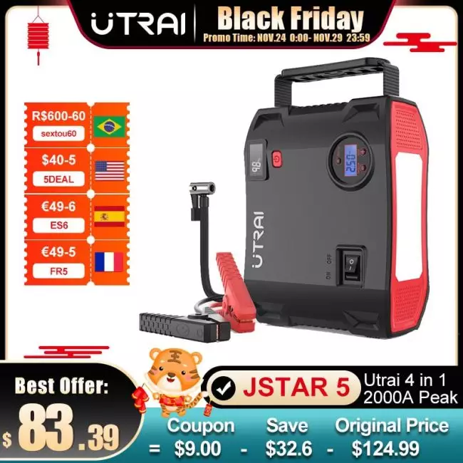 UTRAI 4 In 1 2000A Jump Starter Power Bank 150PSI Air Compressor Tire Pump Portable Charger Car Booster Starting Device 1