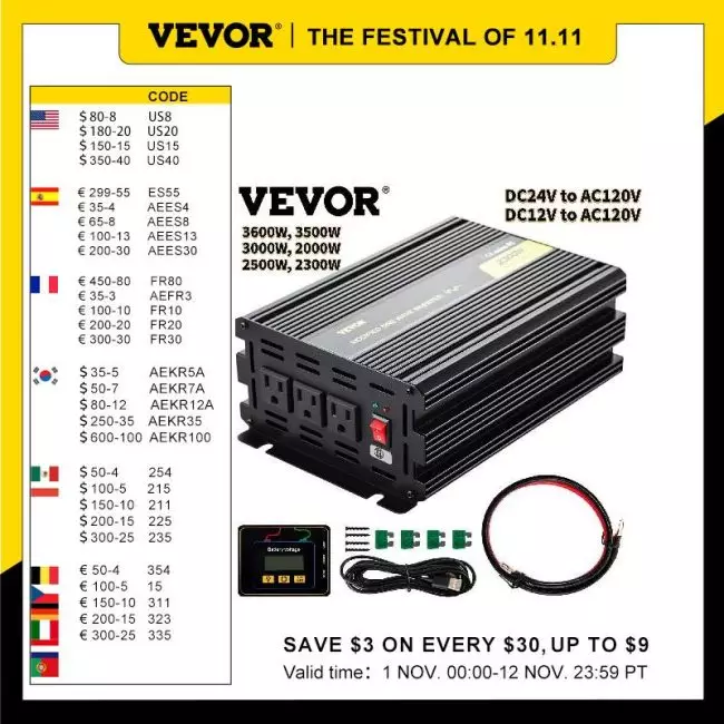 VEVOR 2000W-3600W DC12V DC24V to AC120V Modified Sine Wave Power Inverter for Home Appliances Power Tools Blender Refrigerator 1