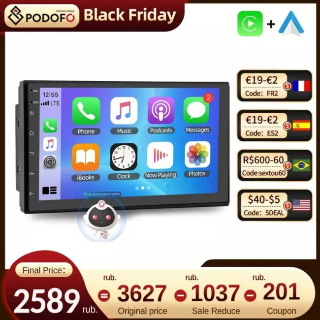 Podofo AI Voice 2din Android Car Radio Multimedia Video Player Autoradio 2 Din 7'' Carplay Stereo GPS Maps For VW Nissan Toyota 1
