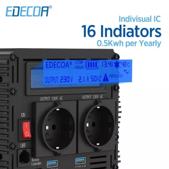 Inverter 12v 220v Pure Sine Wave 1000w EDECOA DC 12v AC 110v 230v 240v Power Converter EU UK US 1000 watt Inverter 12v 220v 3