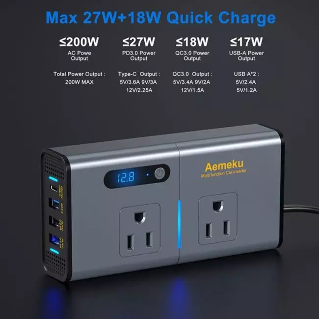 NEW 200W Car Inverter 12V DC To 110V AC Power Converter LED Display 4 USB Port Pure Sine Wave Fast Charging Car Inverter Charger 4