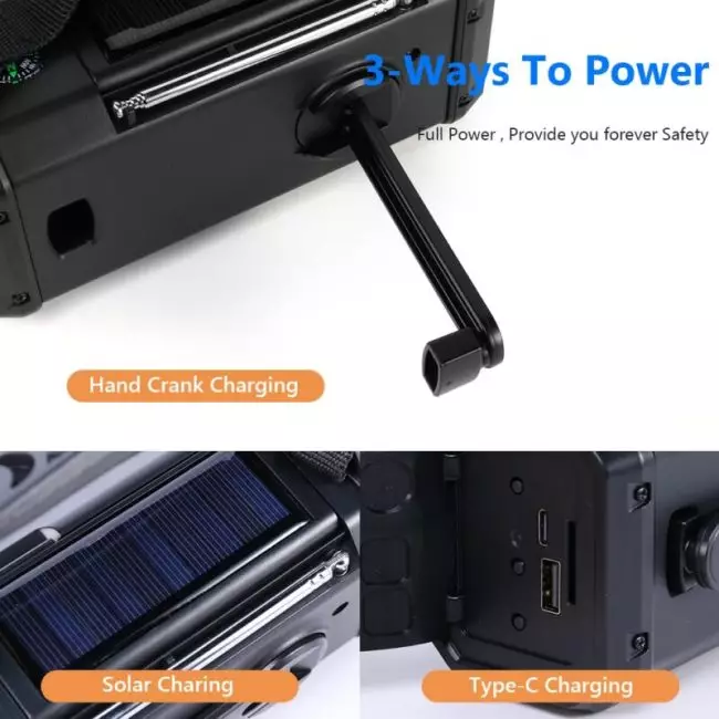 Solar Powered Emergency Power Bank SOS Alarm Type-C Charging Hand Crank Radio with LED Flashlight Multifunctional for Cell Phone 6